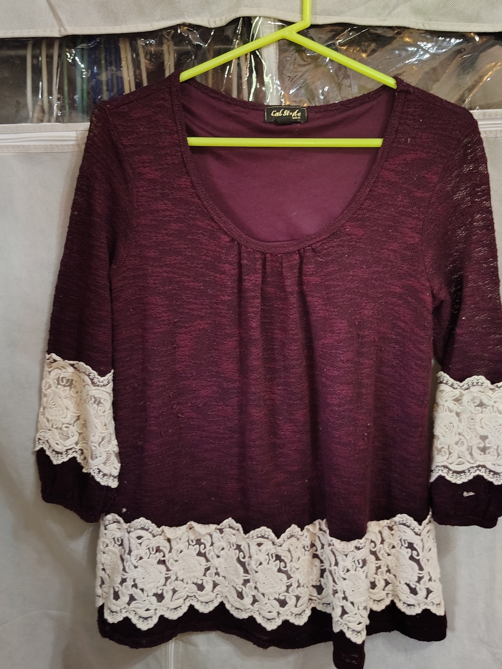 Women's Wine Lace-Trim Scoop Neck Tunic - Calibre